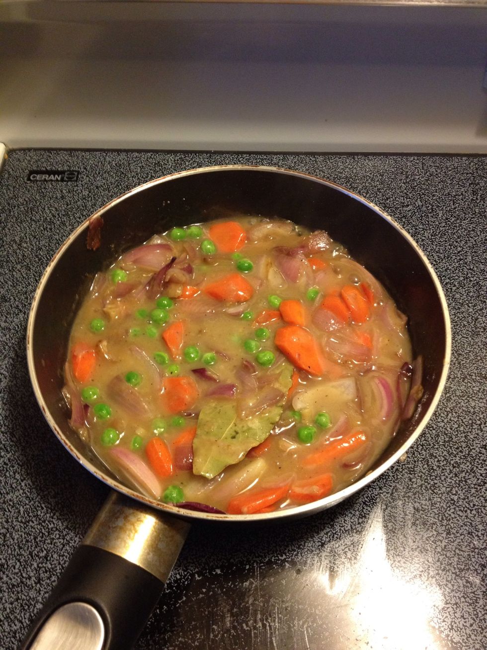 Stir in chicken broth and peas; cook for a couple mins