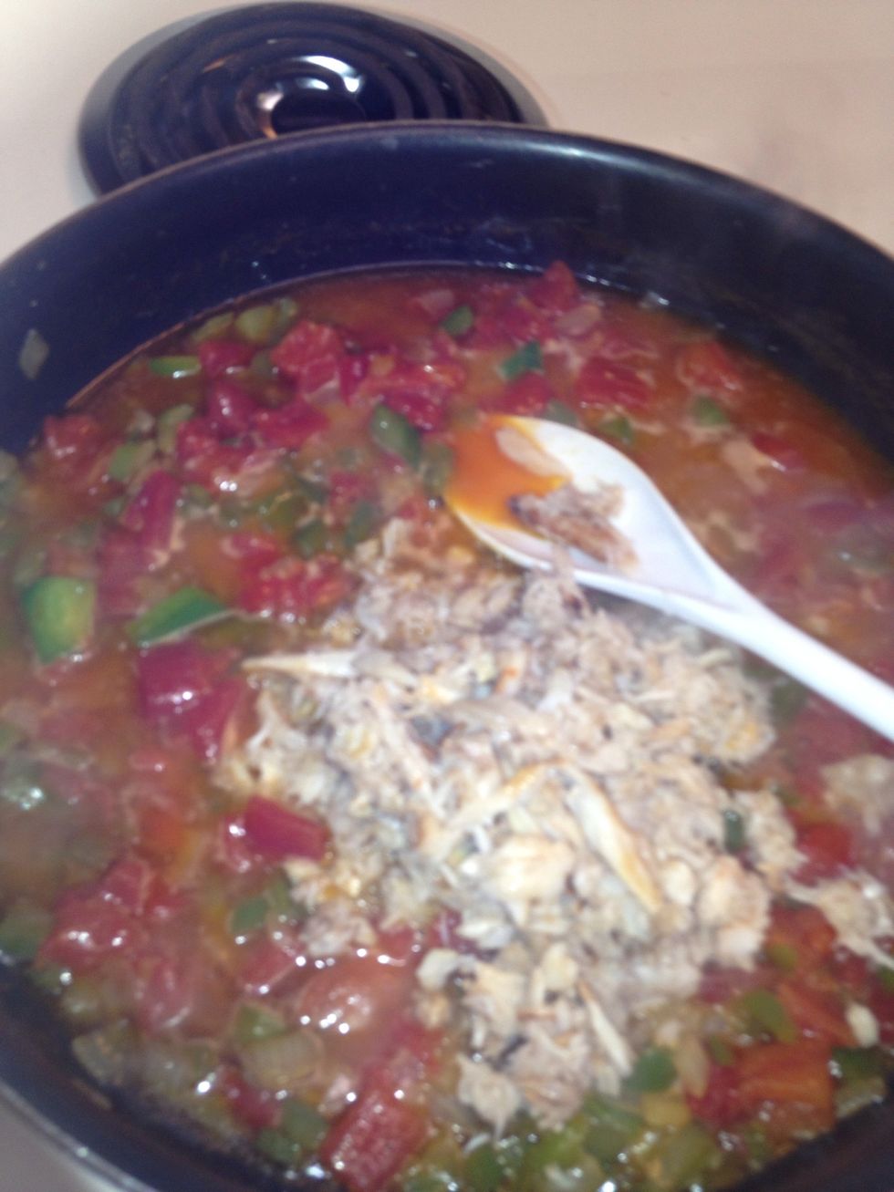 Stir in crab meat ... Side note: at this point start to cook your rice or grits