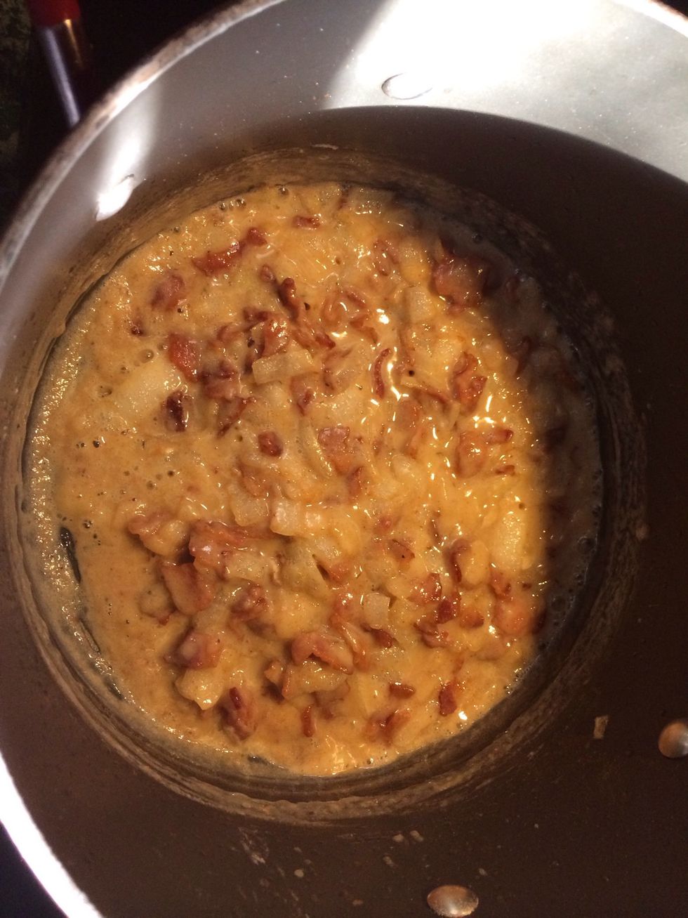 Stir in flour and let cook for a couple minutes before adding cream and Brandy. Stir like mad for a few moments before combining the corn and potatoes and all their water. Finally add the chopped ham.