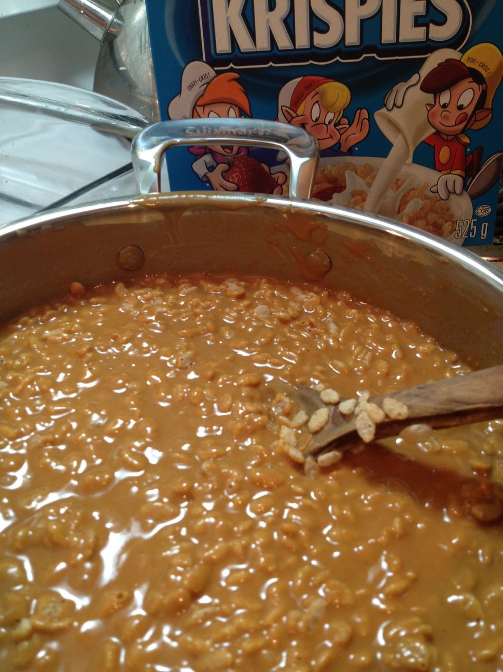 Stir in Rice Krispies and make sure it is mixed evenly.