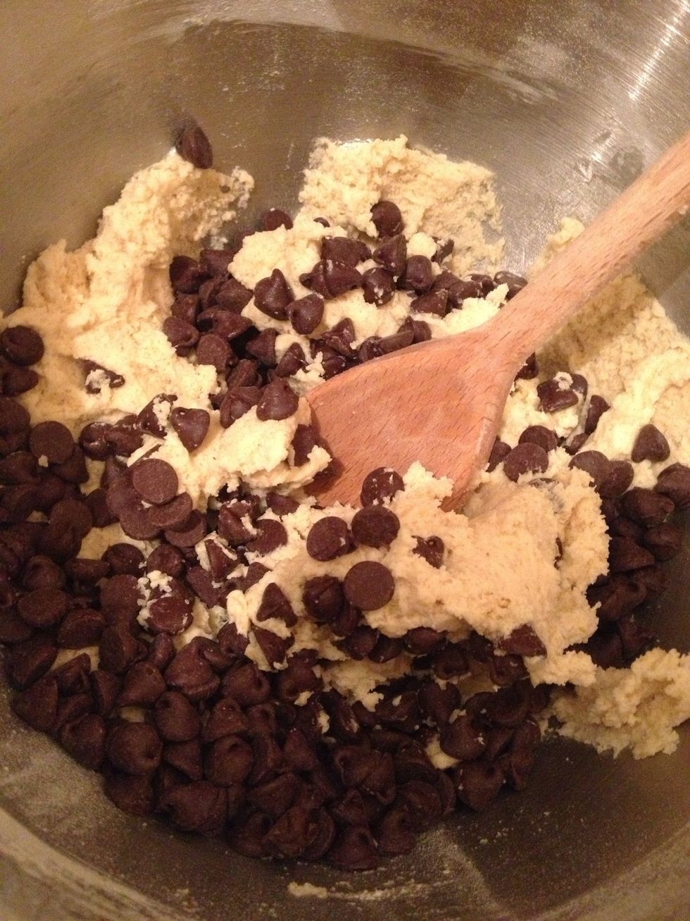 Stir in the chocolate chips by hand using a wooden spoon.