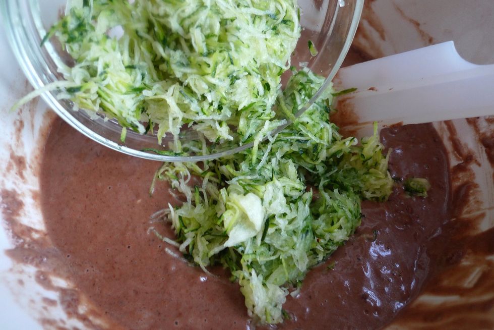 Stir in the shredded unpeeled zucchini. You can also stir in chopped walnuts, pecans or even chocolate chips.