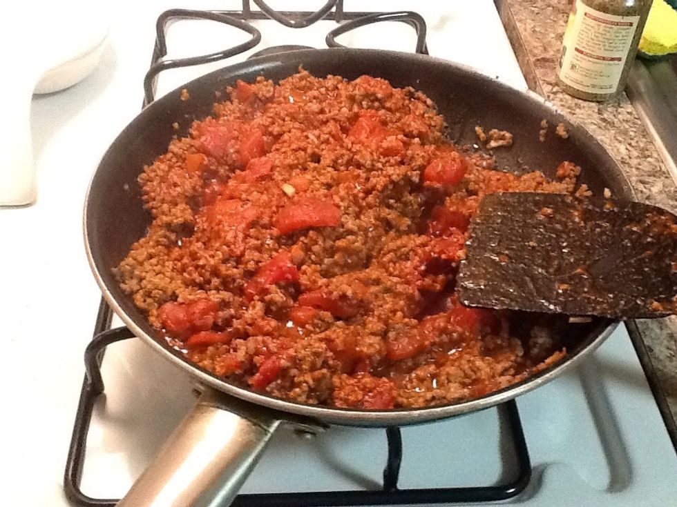 Stir in the undrained tomatoes, tomato paste, sugar and oregano. Heat through.