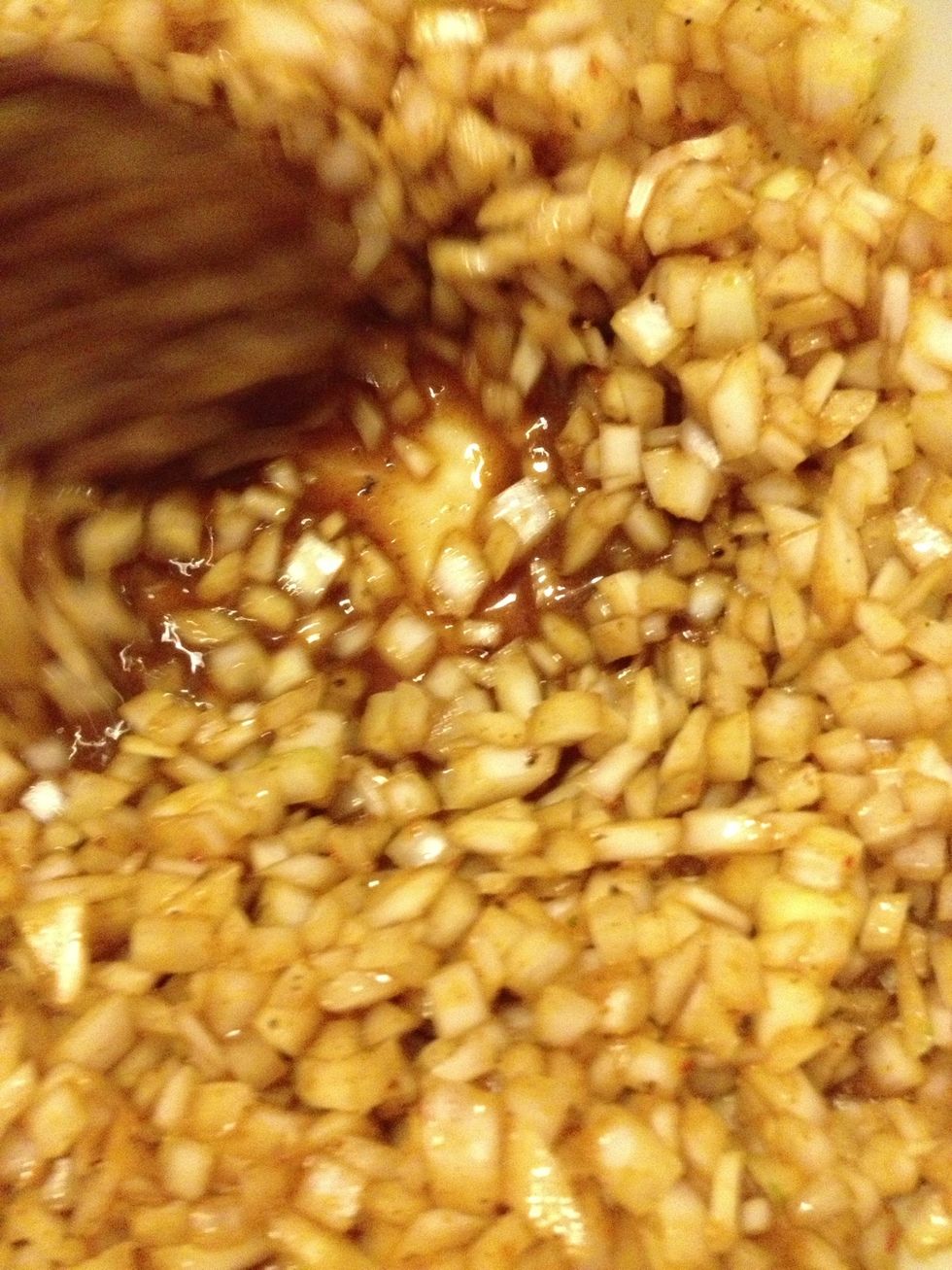 Stir in wet ingredients. I like a lot of Worcestershire sauce, enough to coat the onions and slightly pool in the bottom of the bowl.