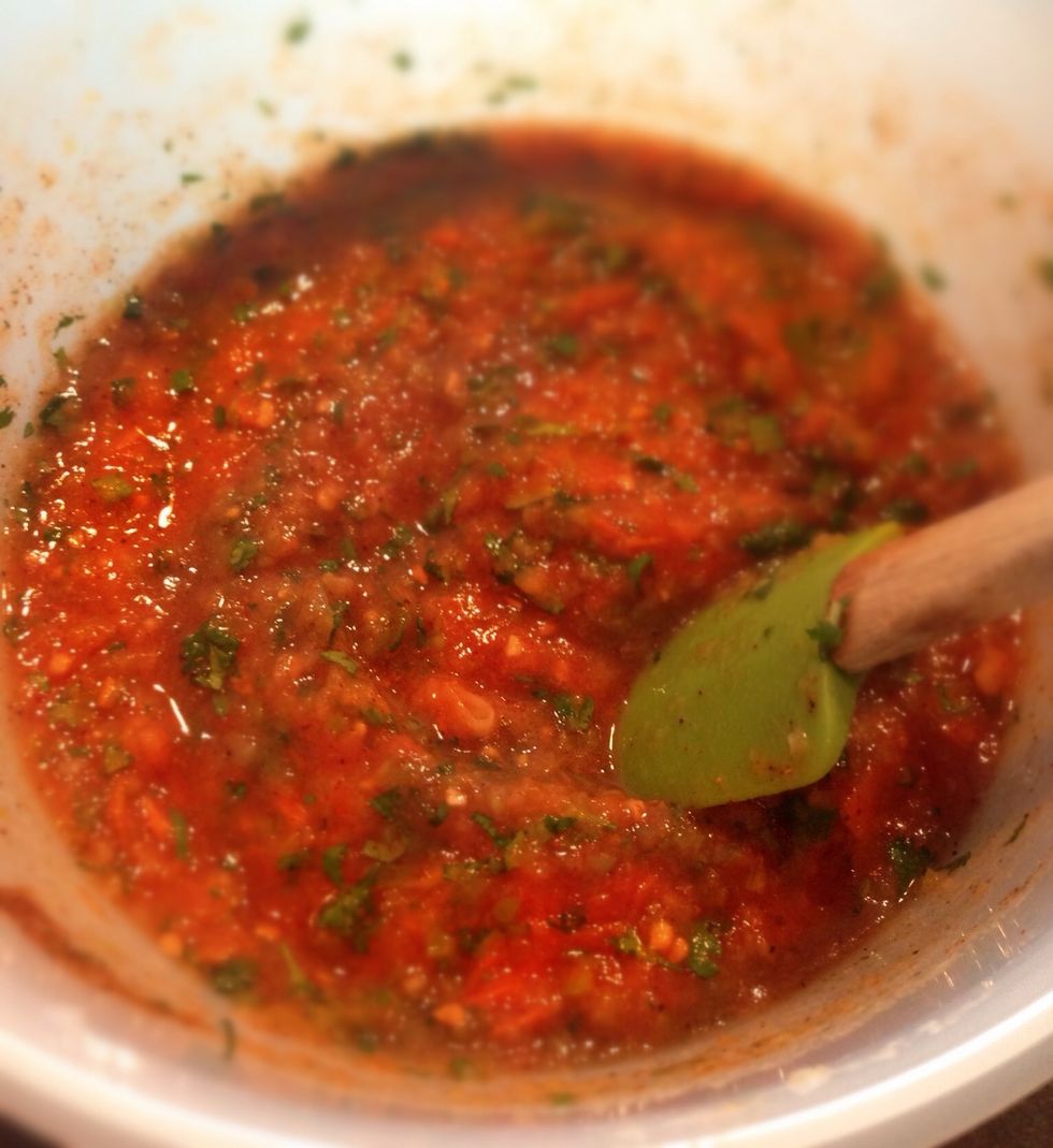 Stir in your cilantro, cayenne, and season with salt, pepper to taste. ( If you like a sweeter salsa, you can add sugar to taste as well)  Refrigerate for an hour to allow flavors to develop. Enjoy!!!