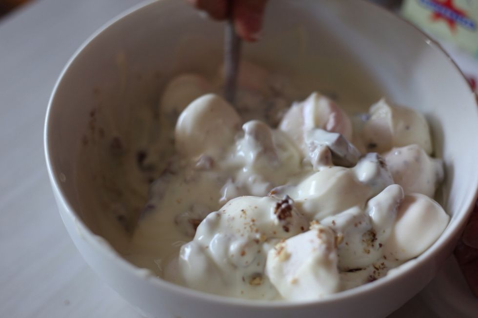 Stir it all in gently. Fold the ingredients. Please don't stir them rough. This is one of our more gentle dishes hahaha