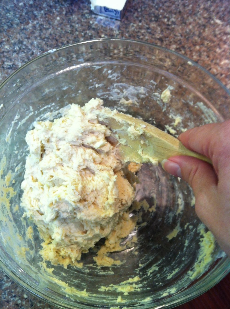 Stir it together until it's just blended. The dough will be sticky. Note that the less you manipulate the dough, the more light and flaky your biscuits will be. Stir as little as possible!