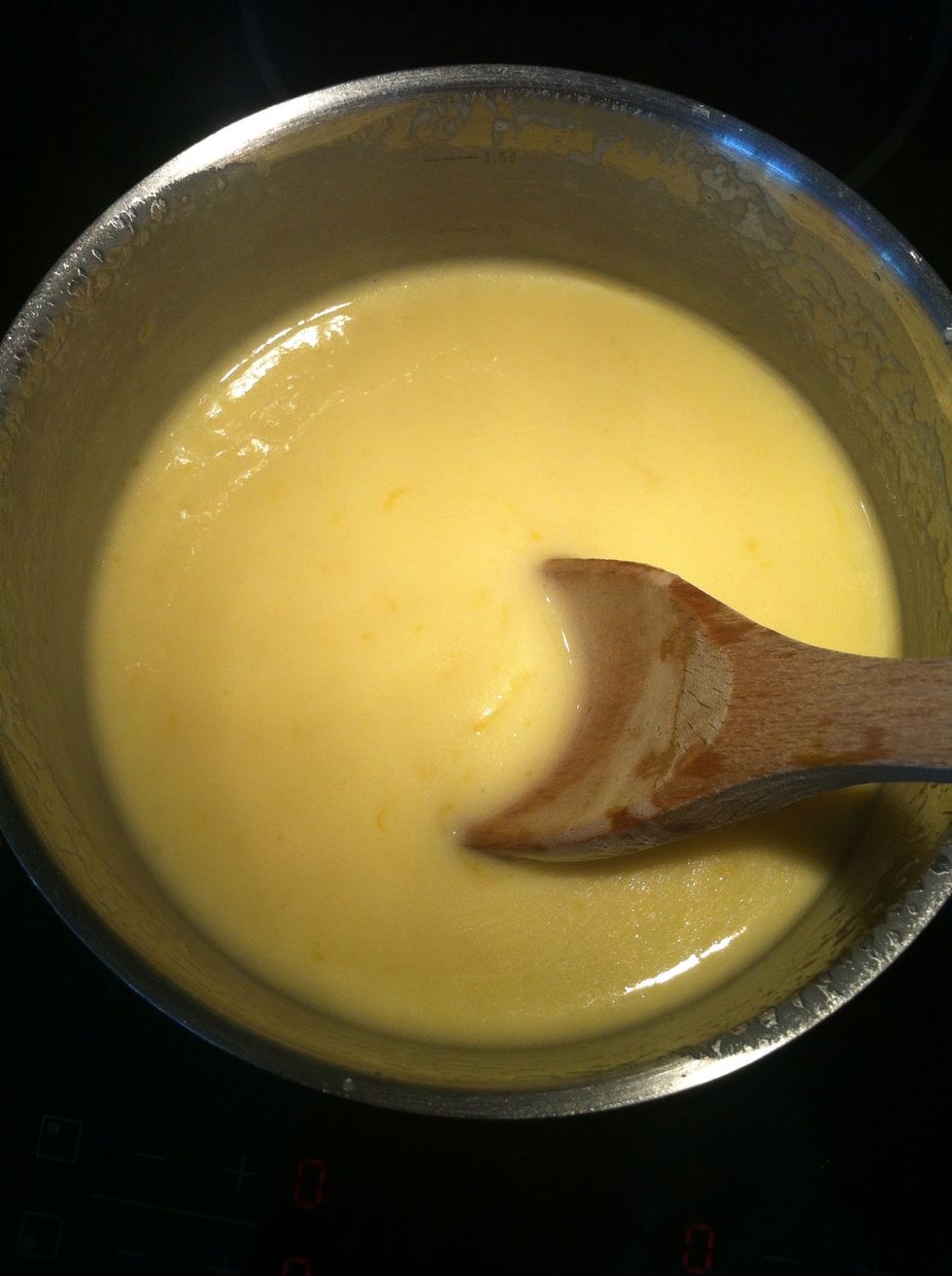 Stir occasionally. In the beginning your egg mixture will sit on top of your lemon juice but as it thickens it will be easier to blend the two together.