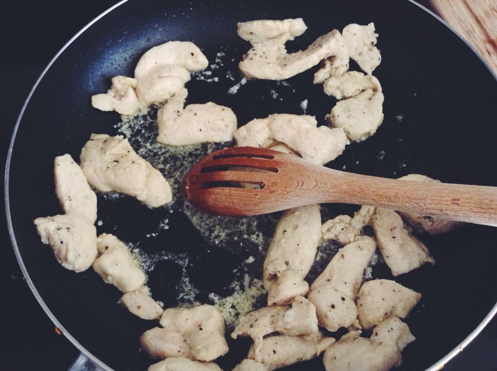 Stir often and cook just until they are just done to help keep in juices. Once finished let the chicken cool. After I let it cool, I sliced it into thin pieces for easier eating.