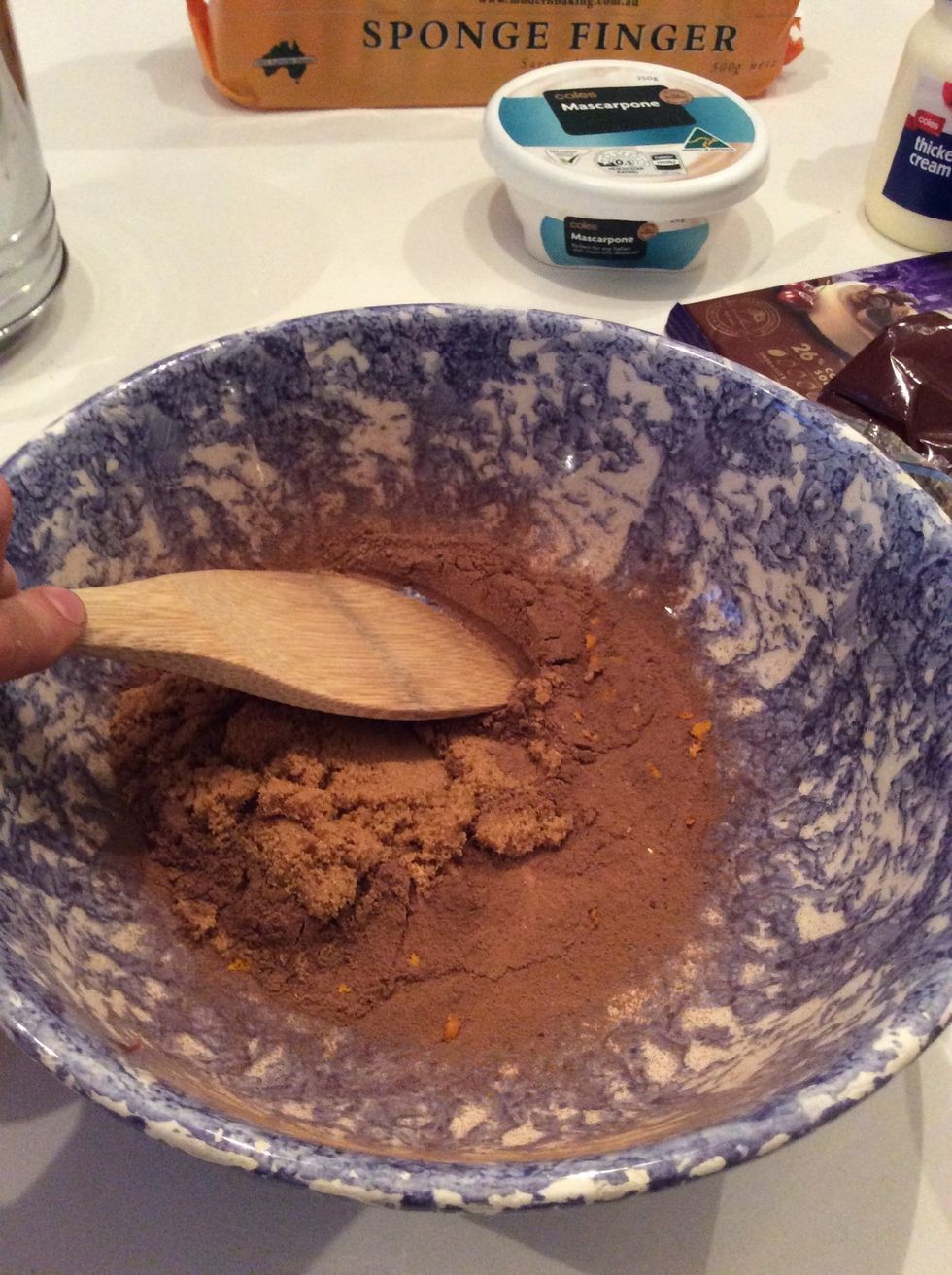 Stir orange zest and brown sugar and, using the back of the spoon, break up any lumps.