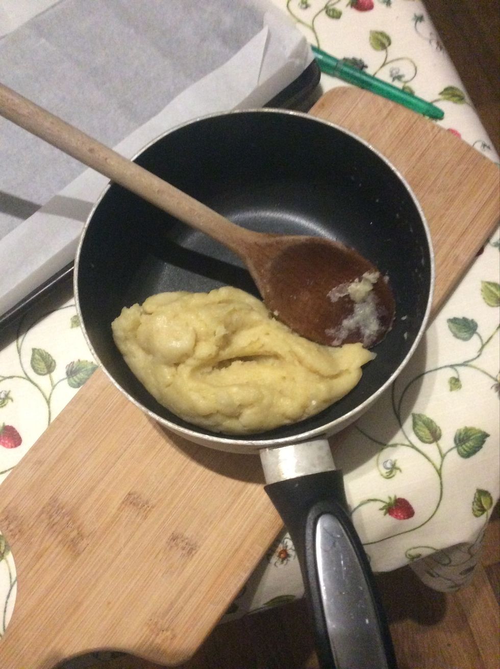 Stir quickly with a wooden spoon until it looks like shiny mashed potatoes