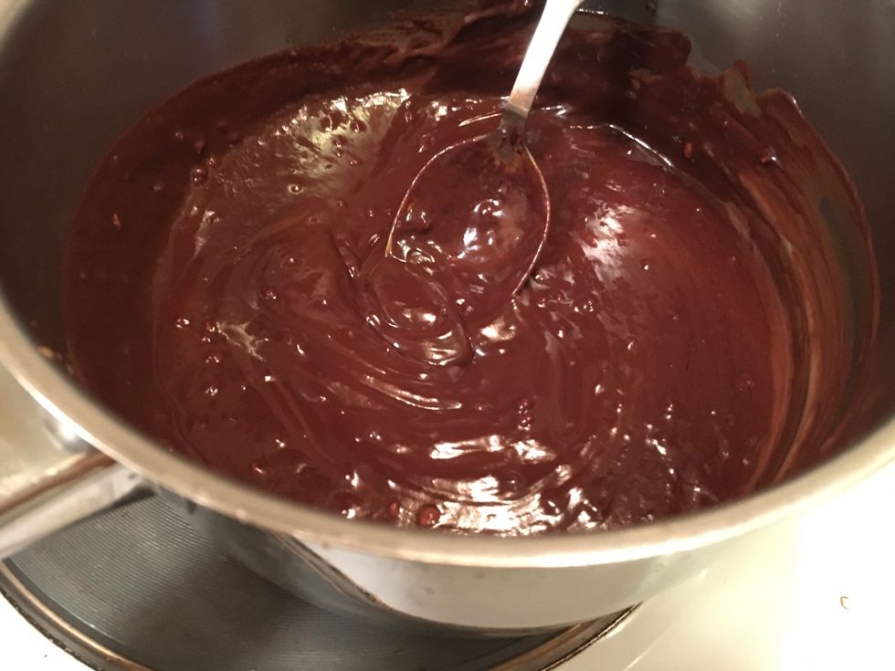 Stir smooth and pull away from heat. Cover with plastic wrap. Let cool in room temperature for about 1 hour.