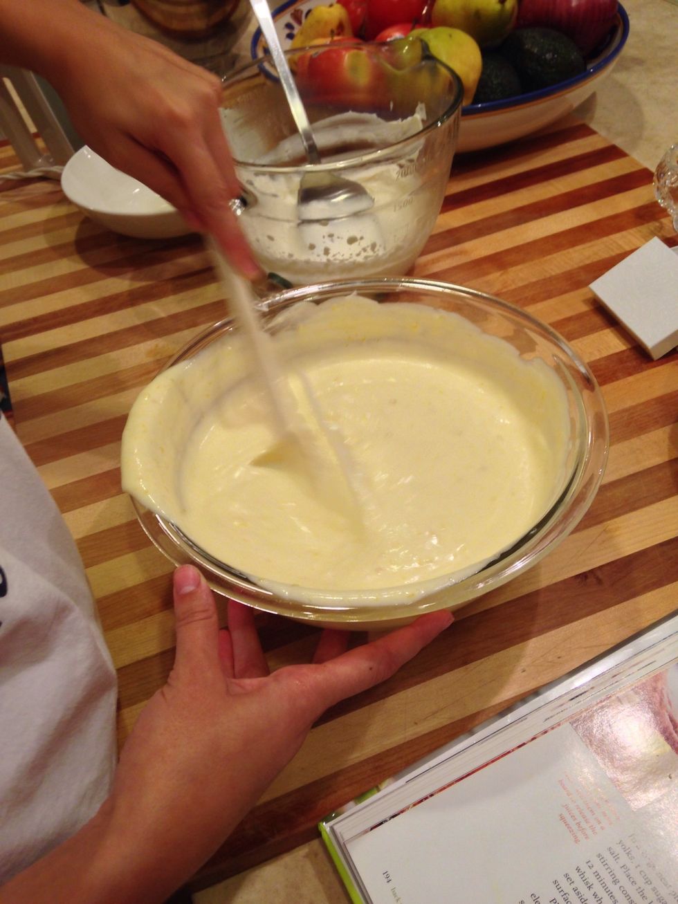 stir some more. keep stirring until you reach a uniform consistency. curd chunks tend to linger, so the stirring is vital.