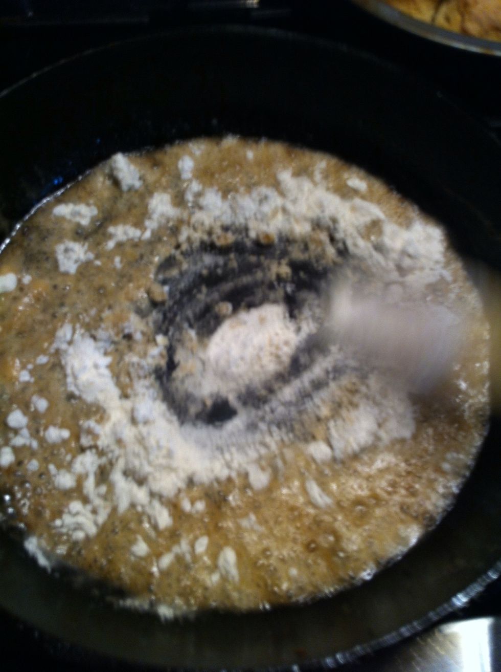 Stir stir stir. Stir in the flour to mix with the "drippings" and to brown the flour. Cause brown food is good!