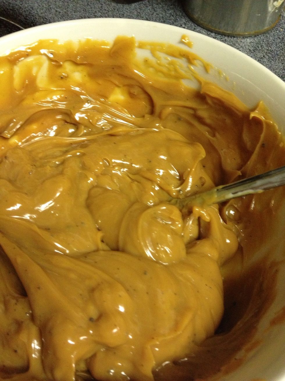 Stir the caramel to ensure even consistency.