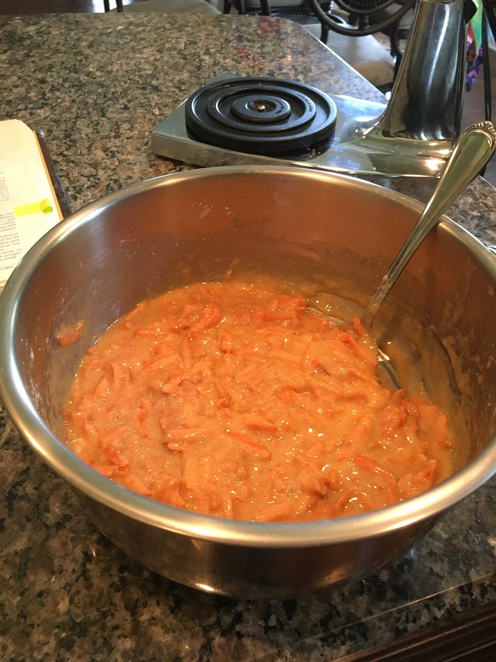 Stir the eggs into the mixing bowl with the previous 7 ingredients.