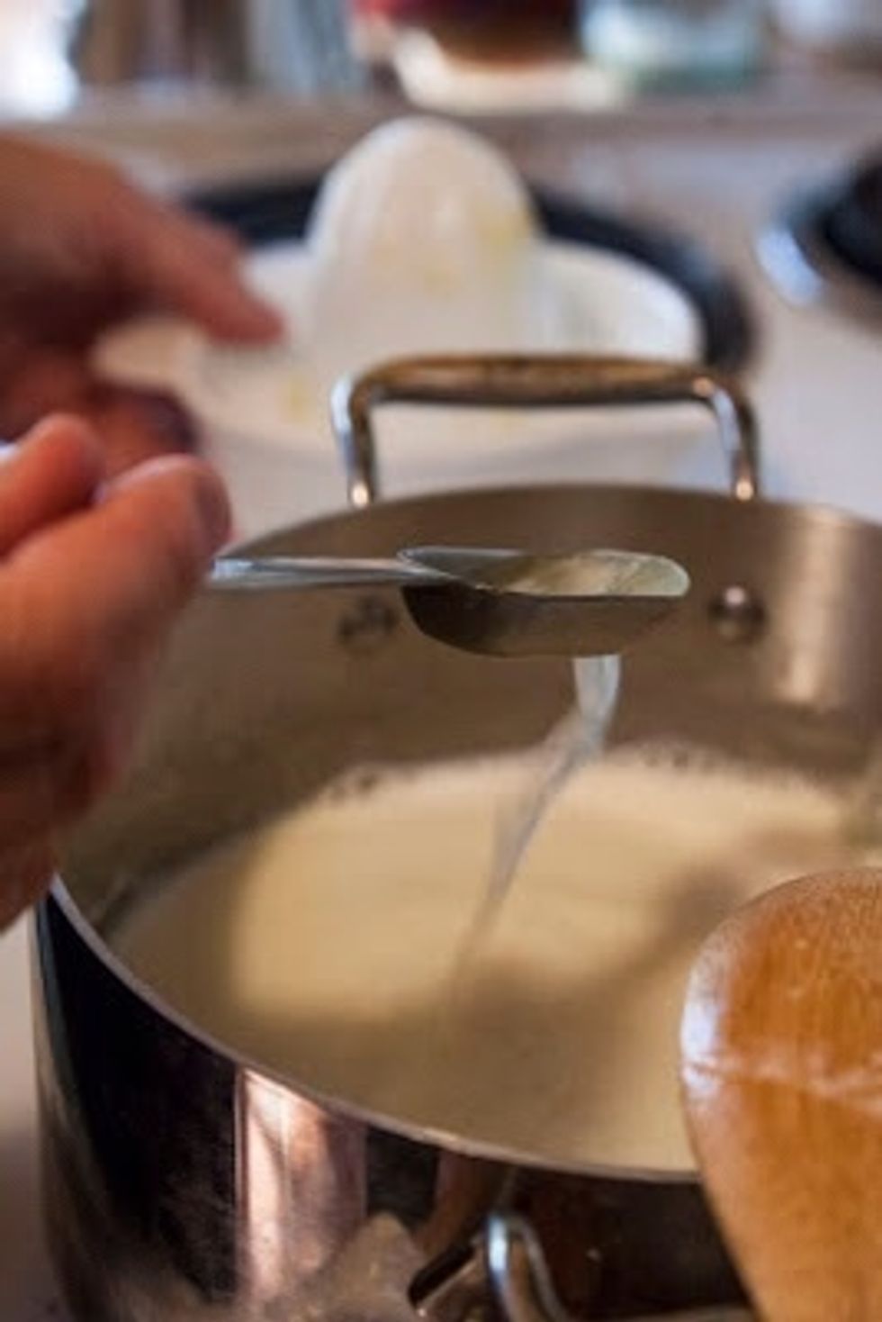 Stir the milk on medium low temp so that nothing sticks. When the milk reaches 190 degrees take the pan off the heat and add in the lemon juice. Stir the lemon juice in slowly, a couple of times.