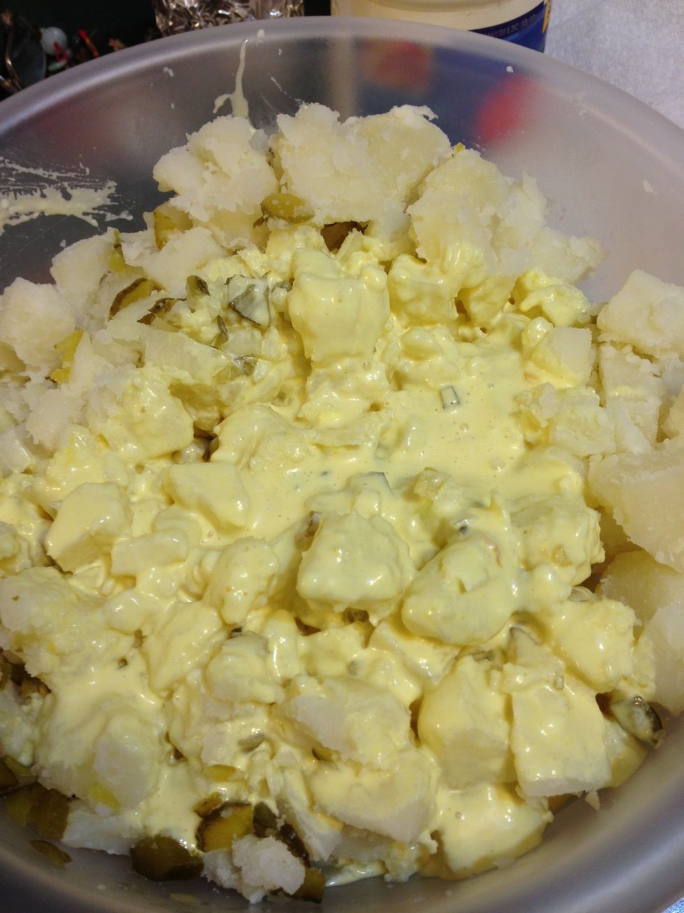 Stir the mixture thoroughly. . If too dry,make more mixture and add to potatoes