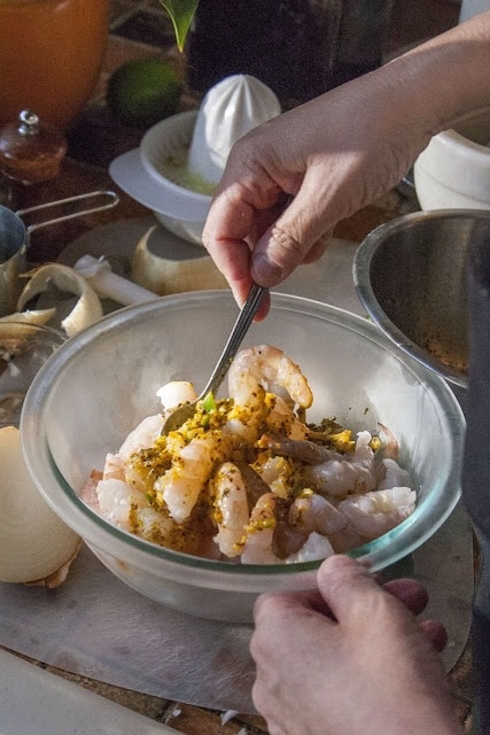 Stir them around in the spice mixture. Cover the bowl and set it all aside for about 10 minutes. While that's going on, set up your steamer. I used a simple 10 buck bamboo steamer.