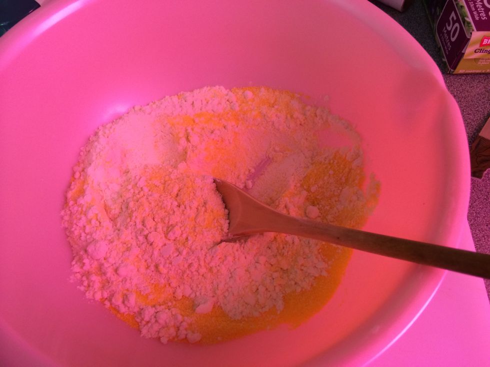 Stir through the flour and polenta.