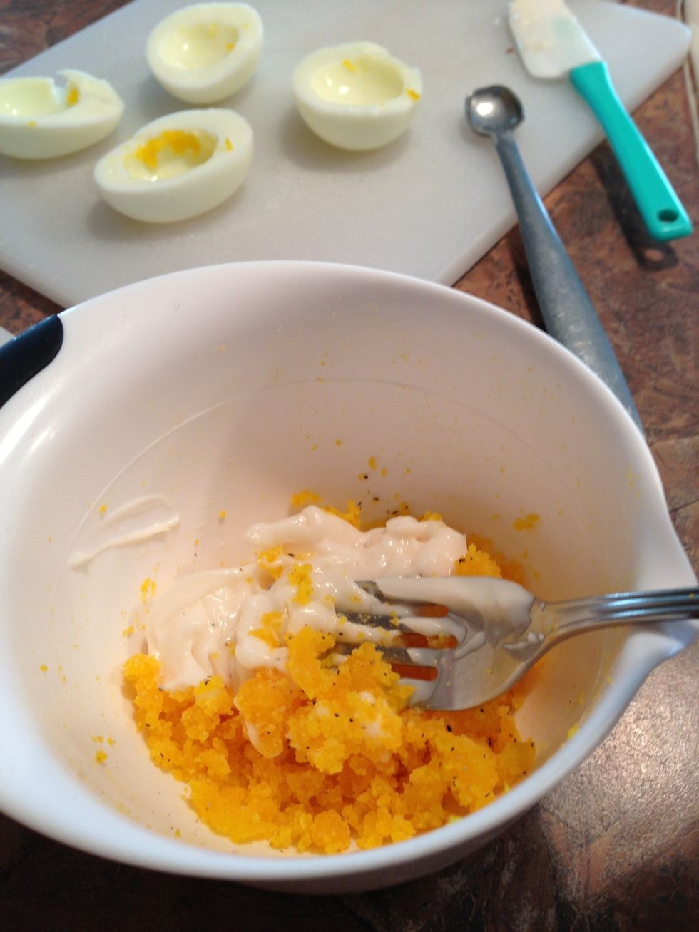 Stir to mix in. In some cases if yolks are a pale yellow, a tiny drop of yellow food coloring brightens up the yellow. I love farm fresh eggs and get mine right from a nearby farm.