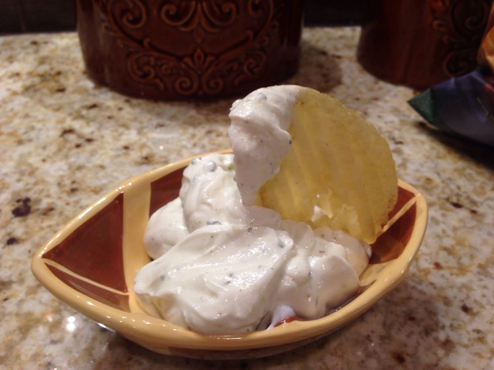 Stir together 1/4 packet of the dressing mix and the entire contents of the 7 oz. low fat Fage plain yogurt. (Fage is best for this because it is exactly the texture and flavor of sour cream.)