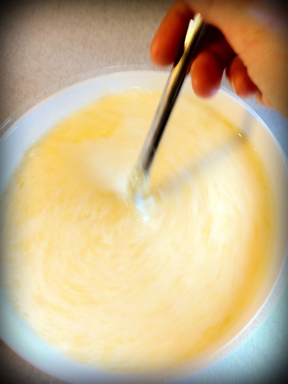 Stir together the buttermilk, butter, eggs and vanilla.