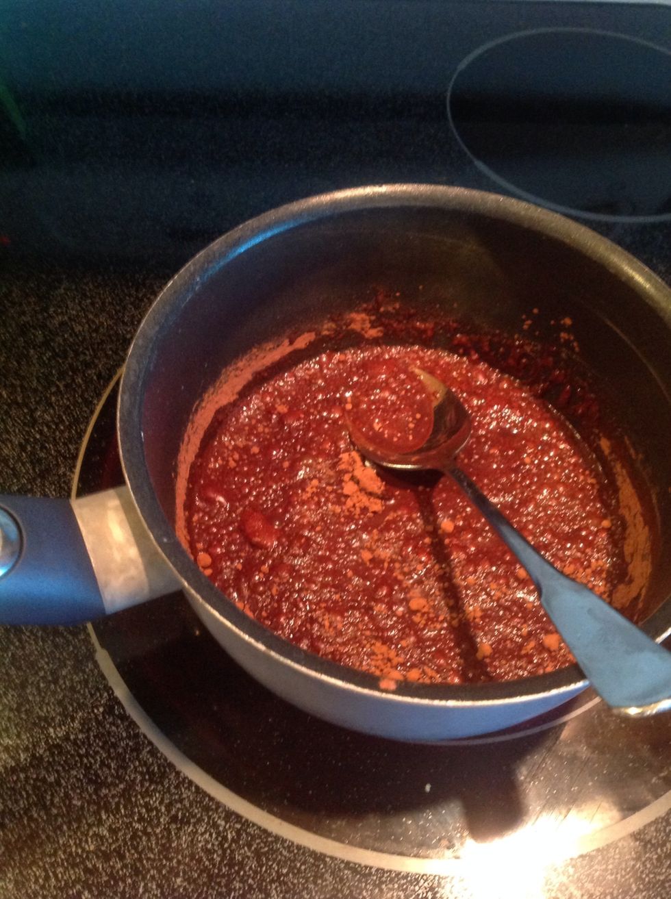 Stir together the cocoa, sugar, and water in a medium sauce pan on medium heat until it boils