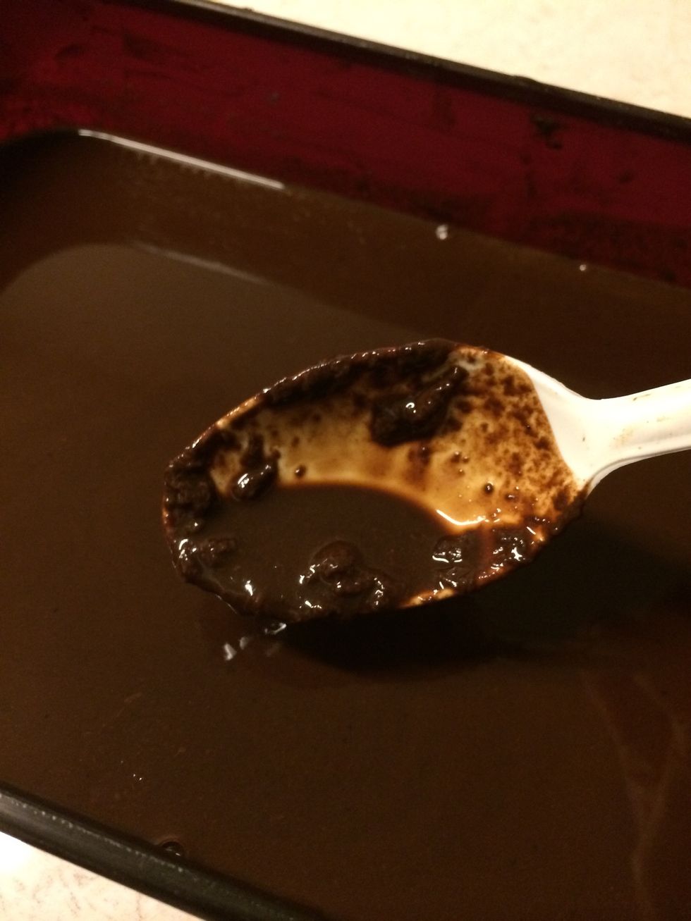 stir until chocolate is almost completely dissolved, it will be thick but liquid (don't worry if there are small pieces left)