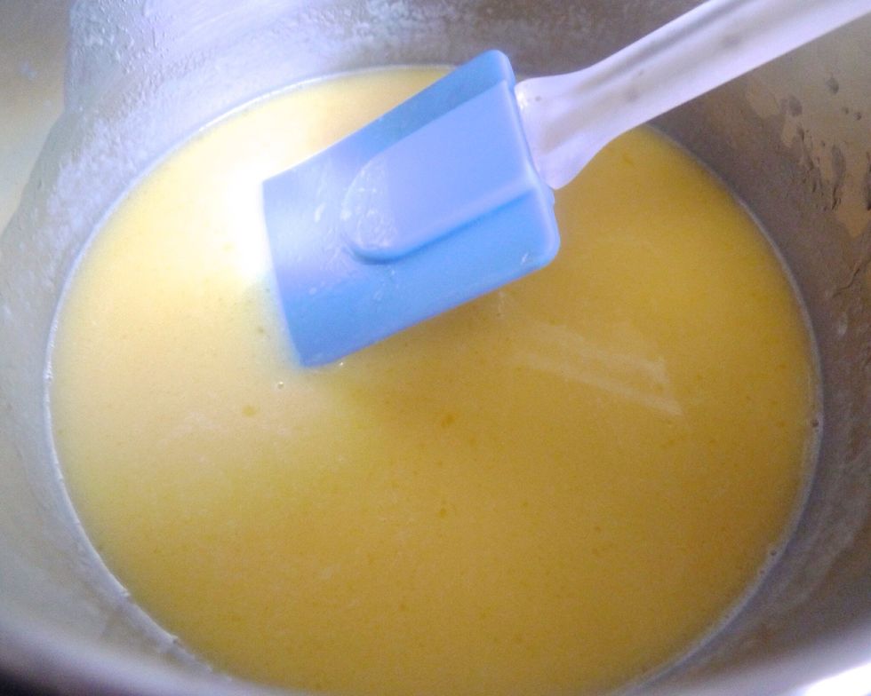 Stir until the butter has melted. Set aside the mixture to cool until it is LUKEWARM.