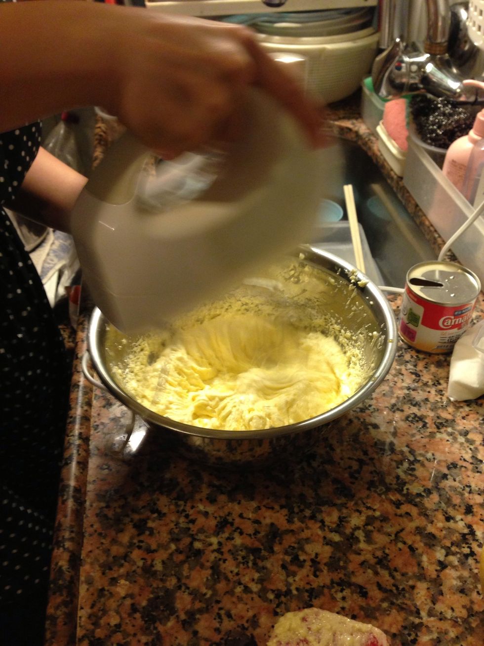 Stir well and add milk and baking powder
