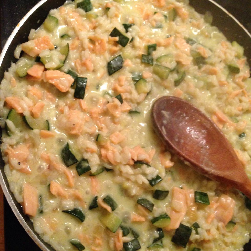 Stir well and let rest for 5 minutes to allow the rice to finish cooking and absorb the liquids/release amid. If you want extra creaminess add some butter or shave some parmesan in. I did the latter.