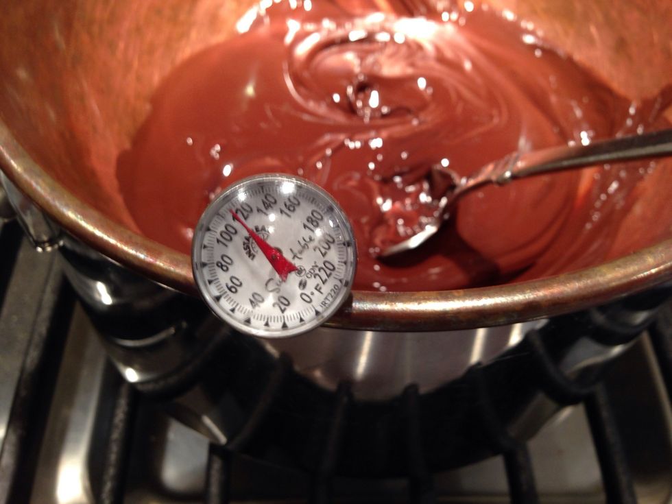 Stir well and put in the thermometer. You want the temp to be over 100, but not too much. 110 is perfect. Take it off the heat and put it on the counter.