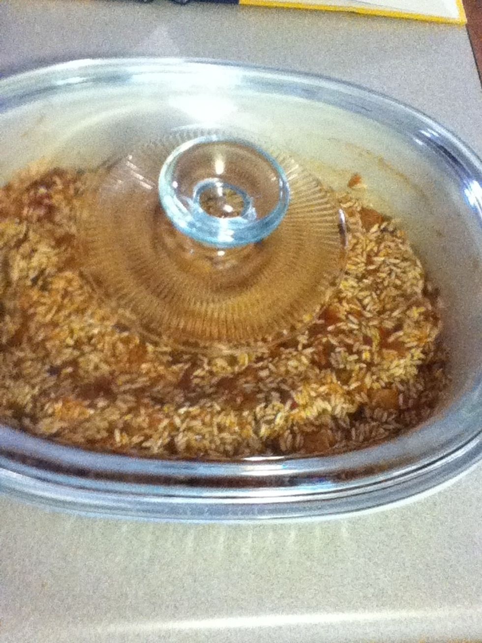 Stir well to mix, cover and bake for about a half hour or until it's the right consistency for you. When you take it out, fluff it up so it doesn't get sticky. Then let it sit with the cover on.
