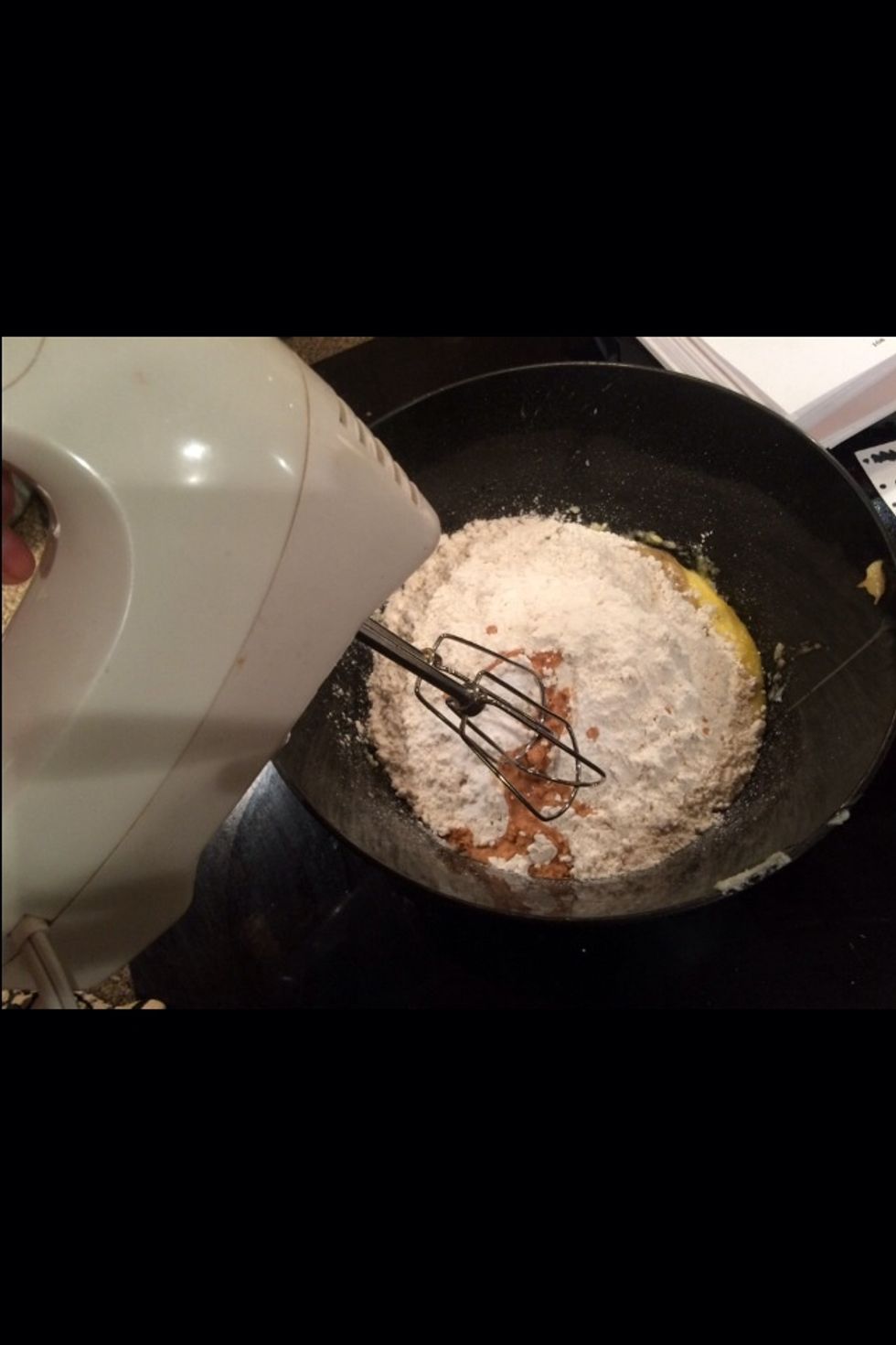 Stir with a mixer on low or stir with a spoon vigorously