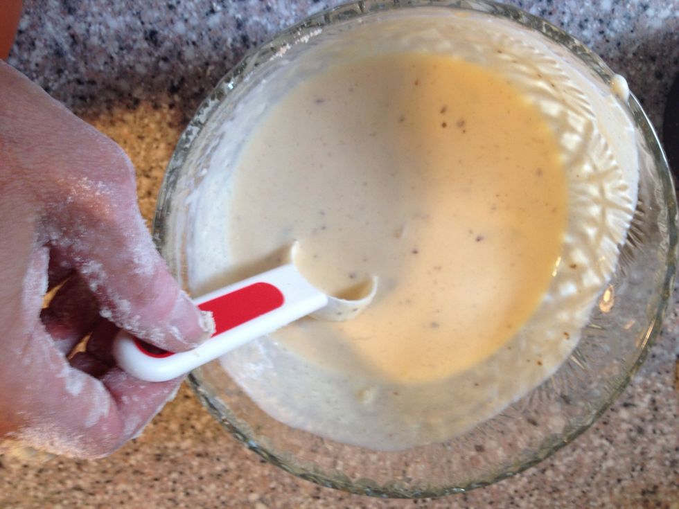 Stirr yoghurt egg bacon goo together. Yes Im using the measuring spoon to stirr with