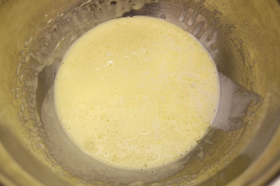 Stop when the mixture is pale yellow in colour. The mixture will also be ribbon-y, light and fluffy.