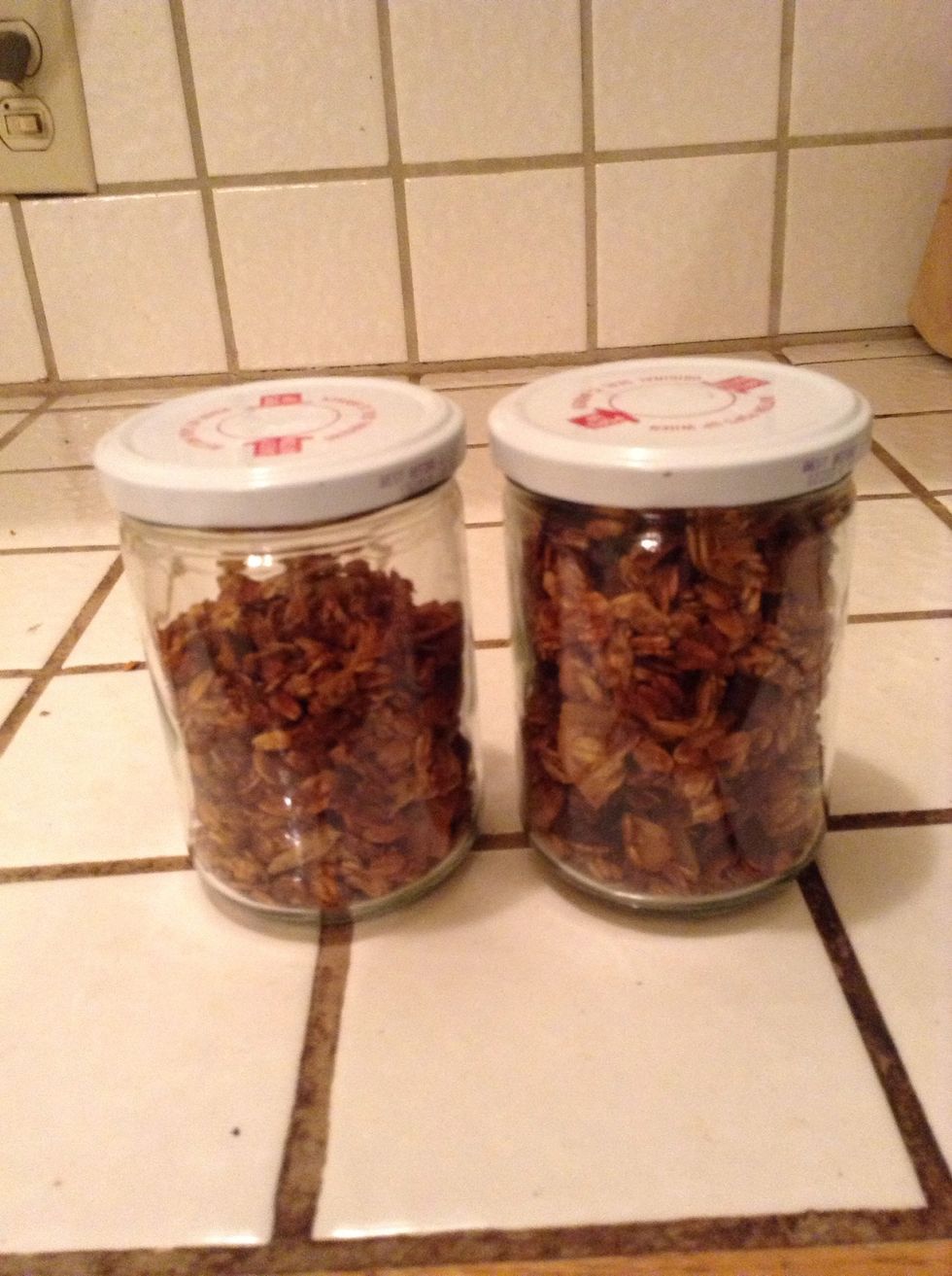 Store in mason jars because it helps the granola stay fresh and also looks cute!