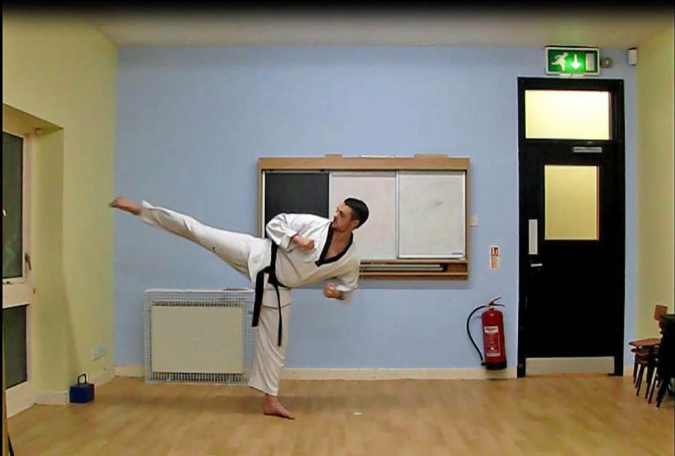 Straighten the leg by extending the hip and knee. Throw the hips forward for increased reach and power, and to create a whole body movement. The contact point is the instep of the foot.