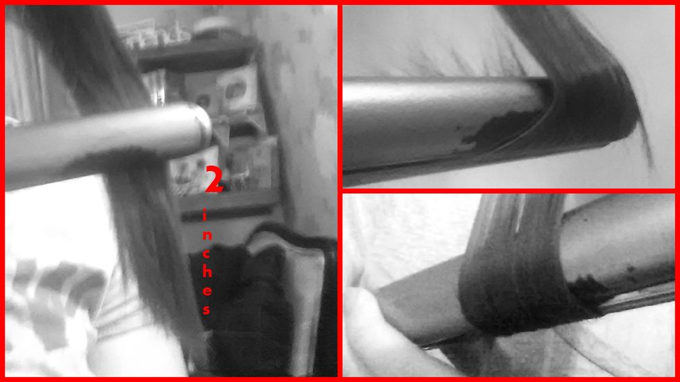Straighten your section until you are 2 inches above the end of your hair, curl the straighteners round twice and gently pull the straighteners down releasing the curl. (sorry the photos aren't clear)