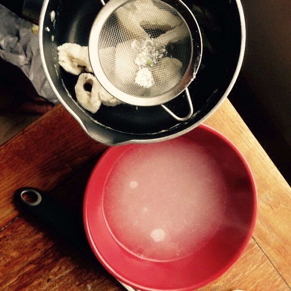 Strain 100ml of the stock made from the halibut into a bowl (or use any other fish stock). Let it cool until warm