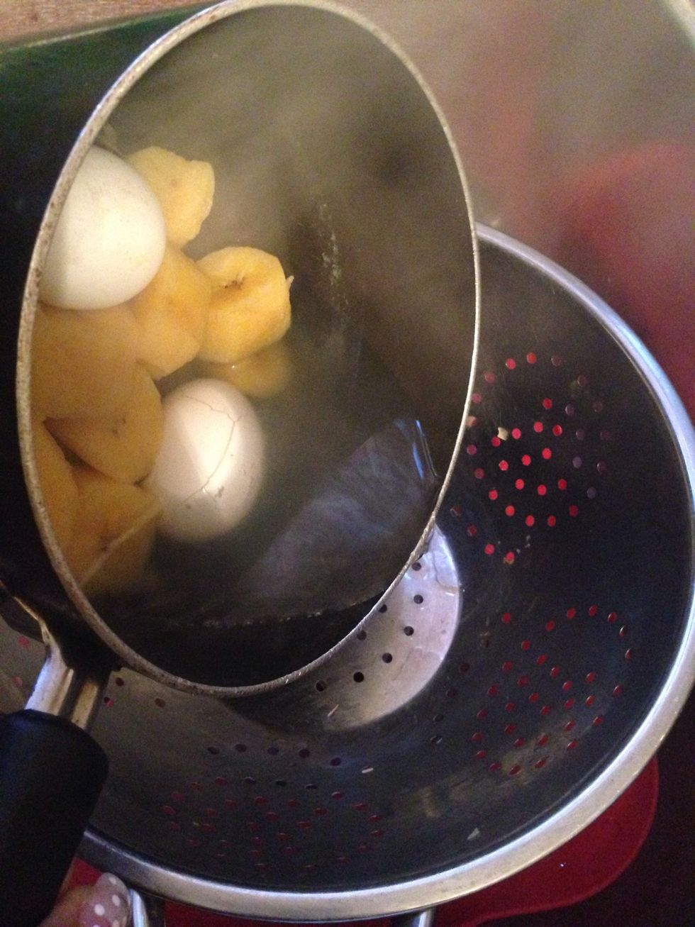Strain but Lee half the water in the pot it will create part of a delicious sauce for our plantains and eggs