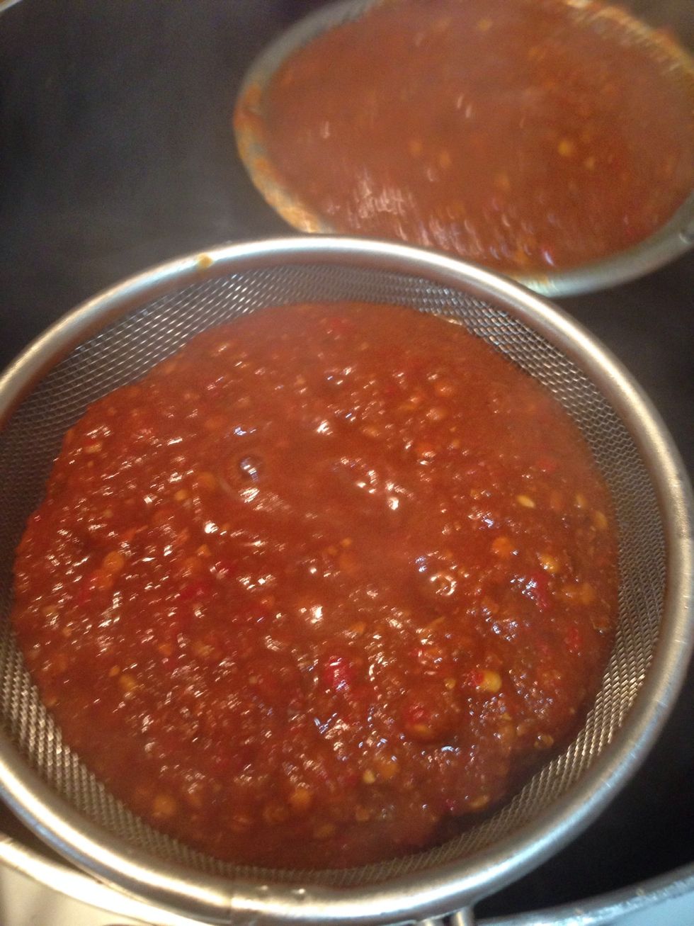 Strain it and place the sauce aside.  Remember to keep half cup of the sauce aside (you will need it for the tamales) \ud83d\ude01