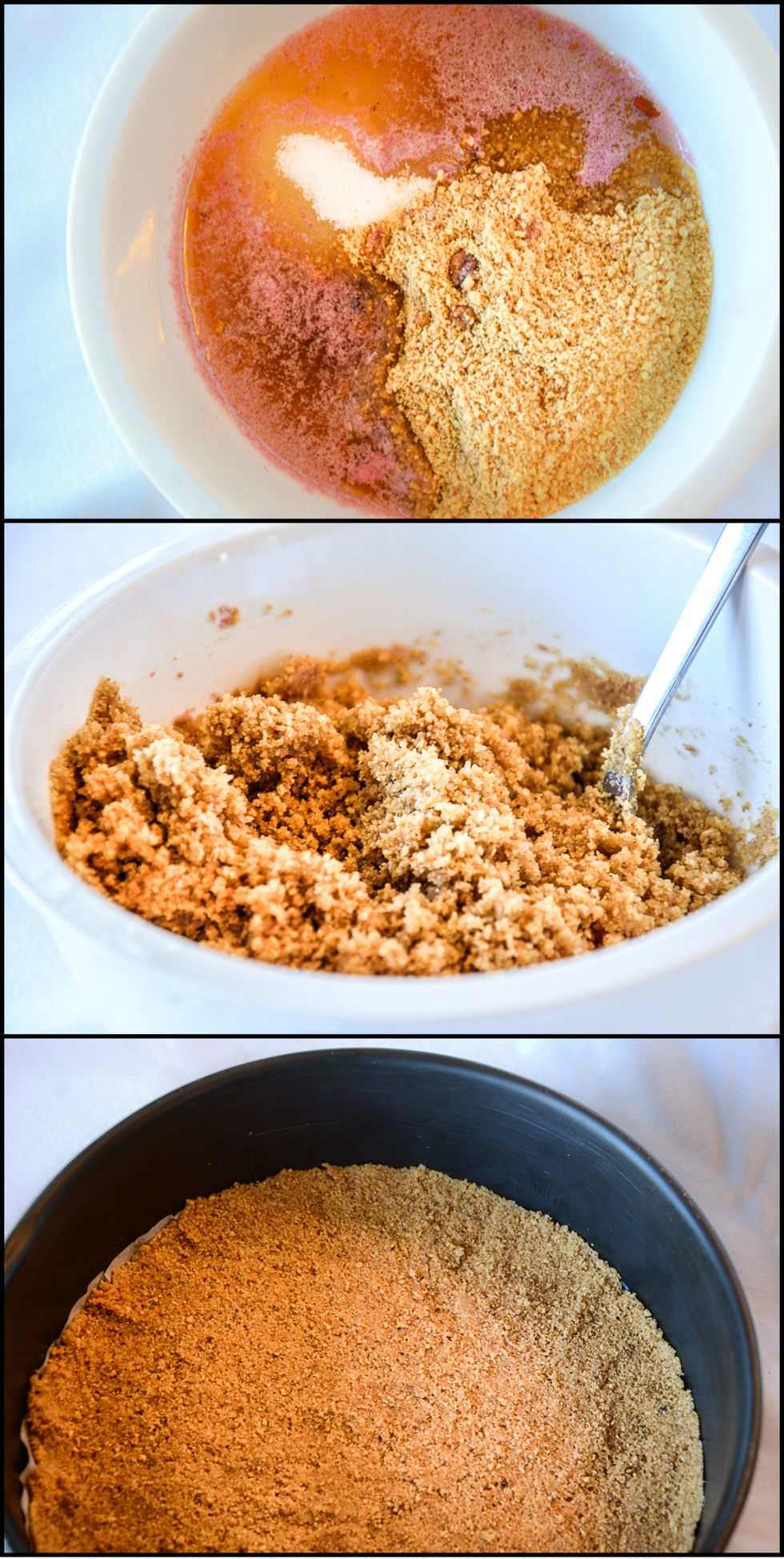 Strain the butter/tea mixture through a tea bag. Squeeze the bag to get all the butter out. Mix together the tea-infused butter, crumbs and sugar with a fork. Press mix into the bottom of the pan.