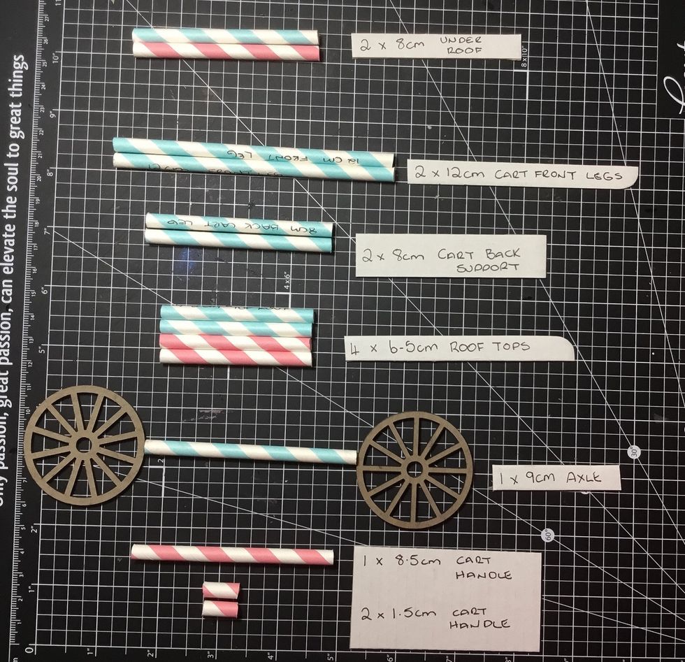Straws cut the following lengths. Cart front legs - 2@ 12cm, Cart back uprights - 2@ 8cm, Under roof support - 2@ 8cm, Cart axle - 1@ 9cm, Cart Handle - 1@ 8.5cm & 2@ 1.5cm, Top Roof Frame - 4@ 6.5cm.