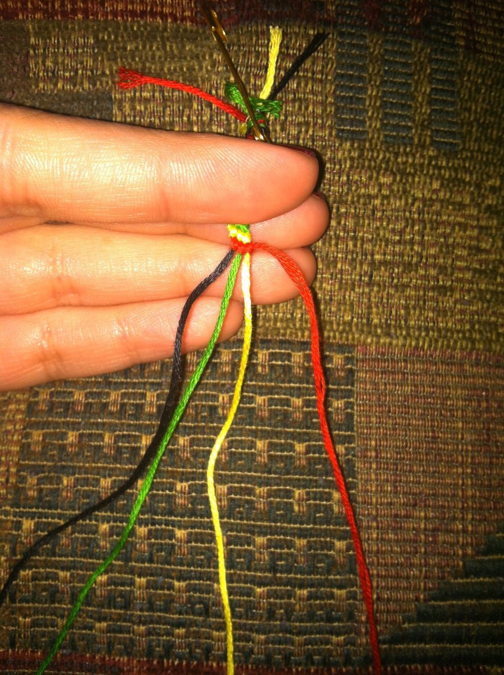 String 2 now becomes the first string. Continue with the same steps of double knotting, moving left to right. Always start with the far left string, until it makes it's way to the far right.