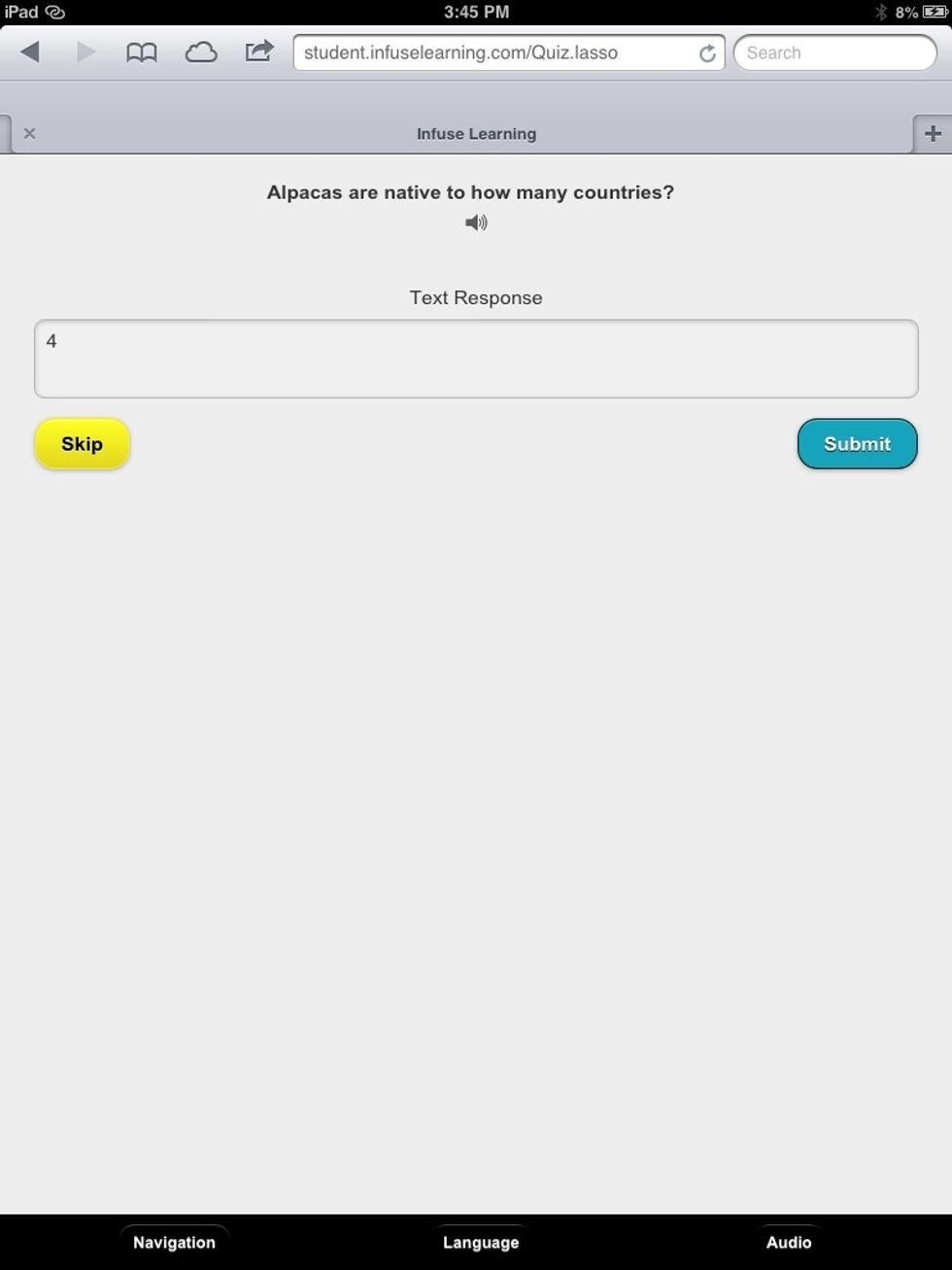 Student View: Question on student driven assessment. Navigation, language narration, and translation settings can be configured in the "Preferences" tab on Teacher Dashboard.