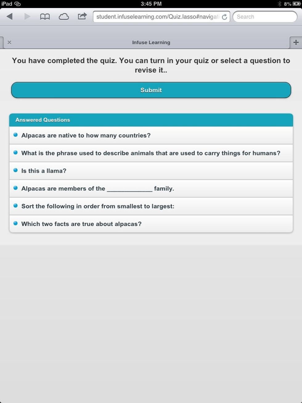 Student View: Students can revisit and change answer selections before submitting completed quiz.