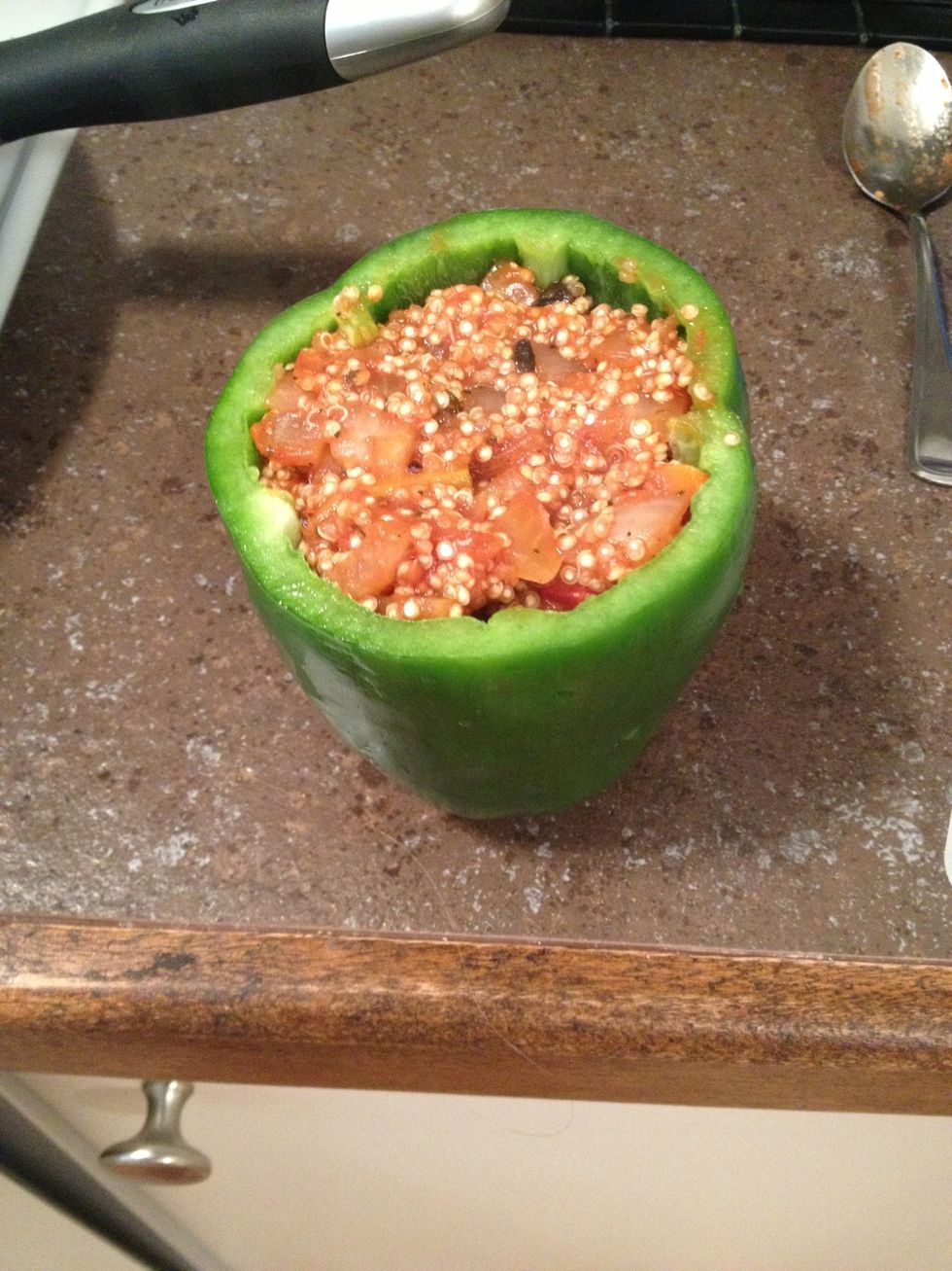 Stuff pepper with the mix and put in the oven for 25-30 minutes. I set a timer but usually check on it about 15 minutes in!
