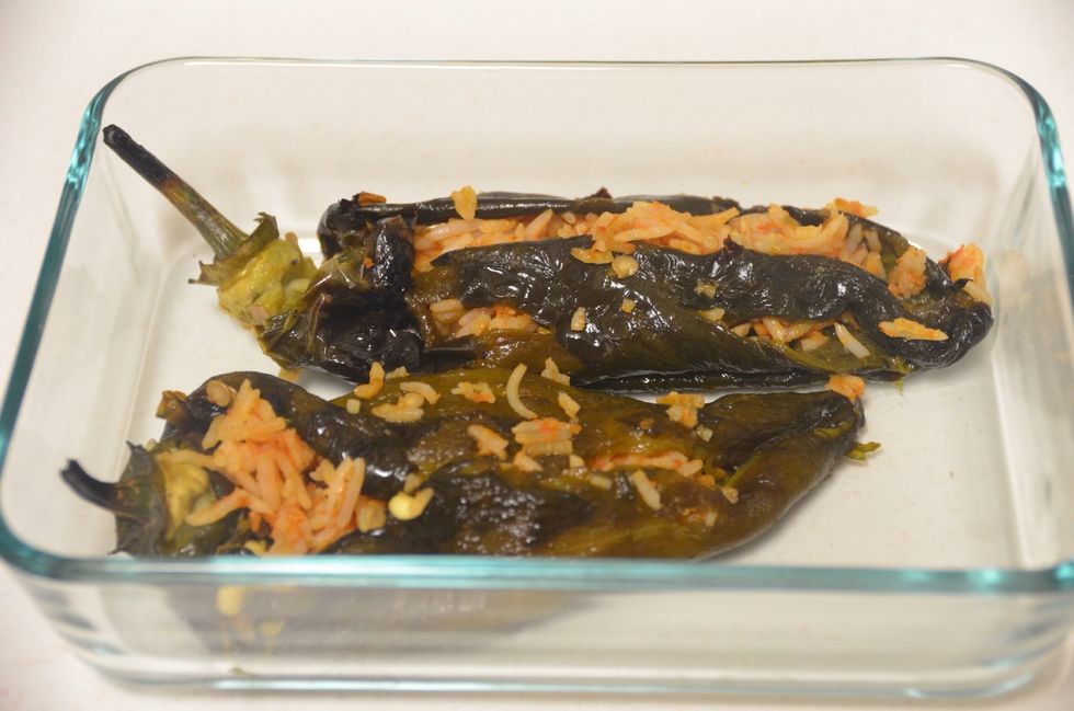Stuff them with Mexican rice and place then in a baking dish. You can check out my guide for Mexican rice. http://snp.gd/tbcgeu